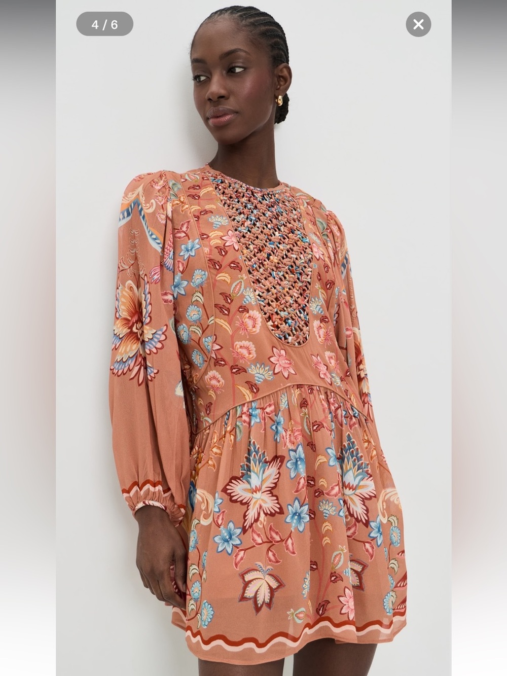 NWT FARM Rio Boho Enchance Long Sleeve Floral Minidress (aka Mocha Lace) M